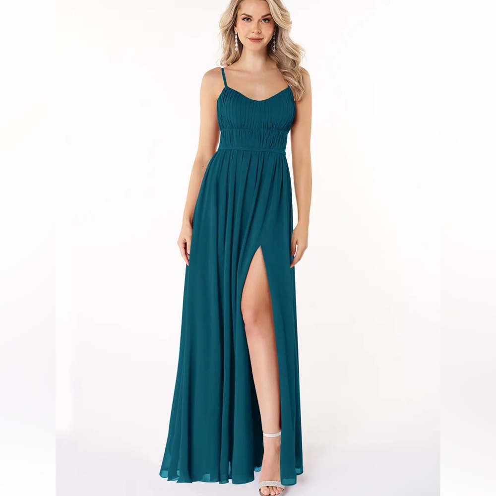 Azazie Yanelie Dark Green Color A-Line Scoop Pleated Chiffon Dress Size 0